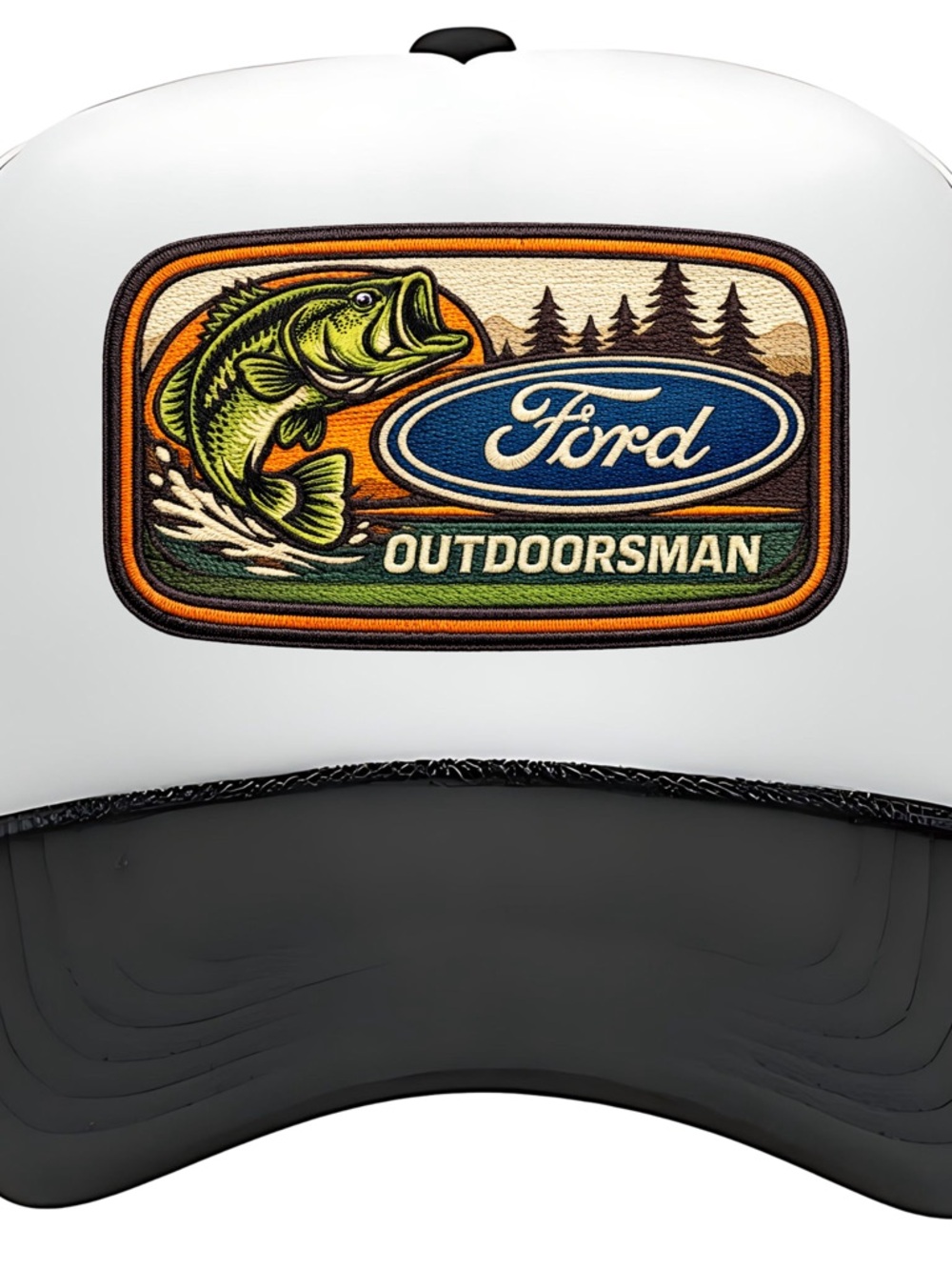 Ford White and Black Trucker Hat with Green Bass Patch